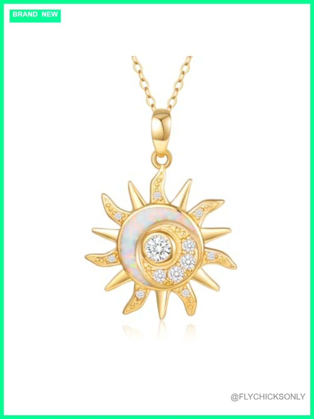 14K Solid Gold Sun Moon Necklace Opal Crescent Pendant